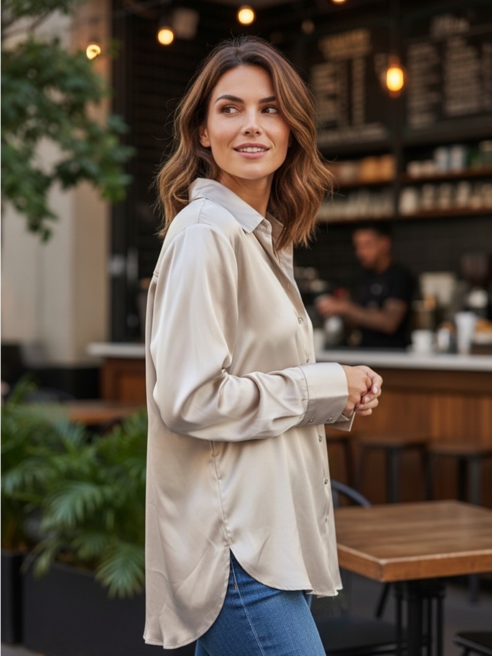 Joie Satin-Look Button-Down Shirt in Beige